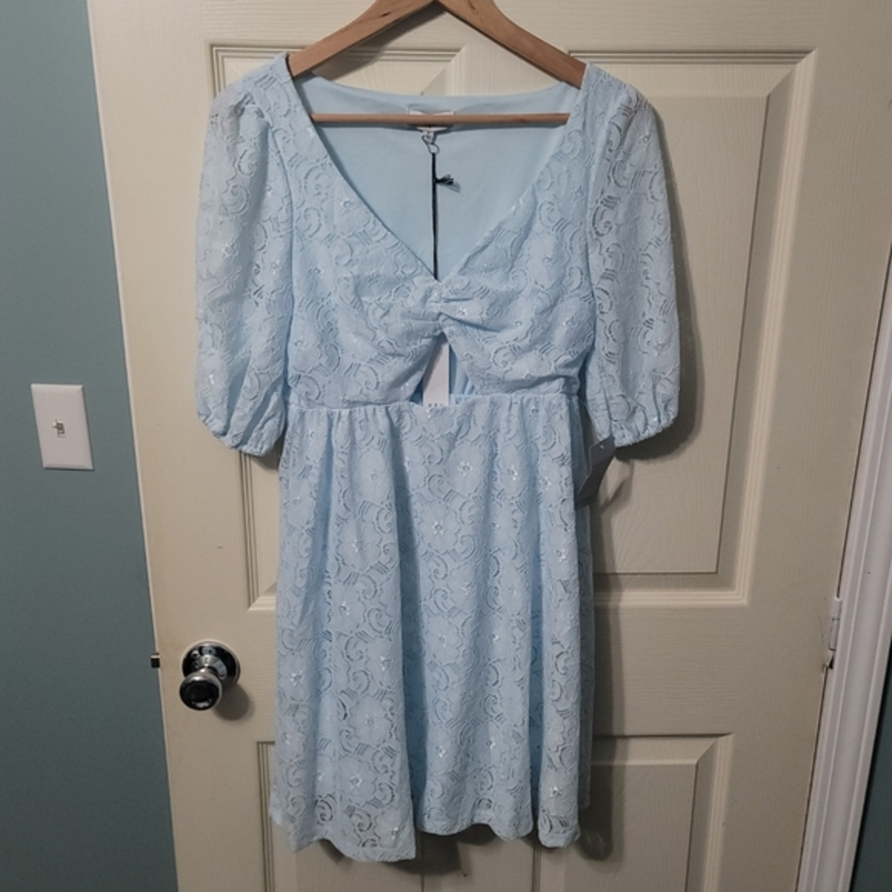 NSR Lt. Blue Puff Half Sleeve Lace Cutout‎ Dress Women's XS NWT